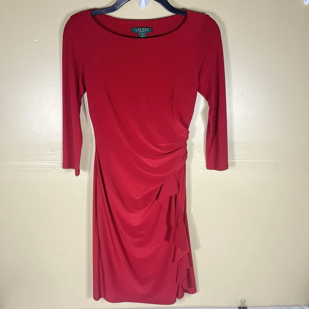Lauren Ralph Lauren Dress Womens 2P Red Ruched Ruffle Sheath Midi 3/4 Sleeve
